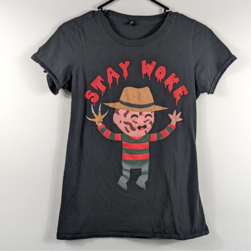 Stay Woke Freddy Krueger Graphic Tee Womens Medium Dark Gray 100% Cotton Horror